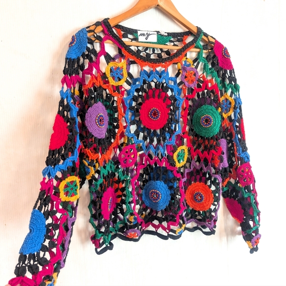 Vintage Tops - Vintage MY Sportswear Rainbow Colorful Crochet Beaded Open Knit Top Boho Hippie